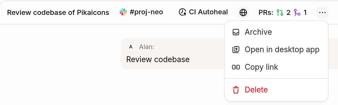 The overflow menu in a session header, open on Archive