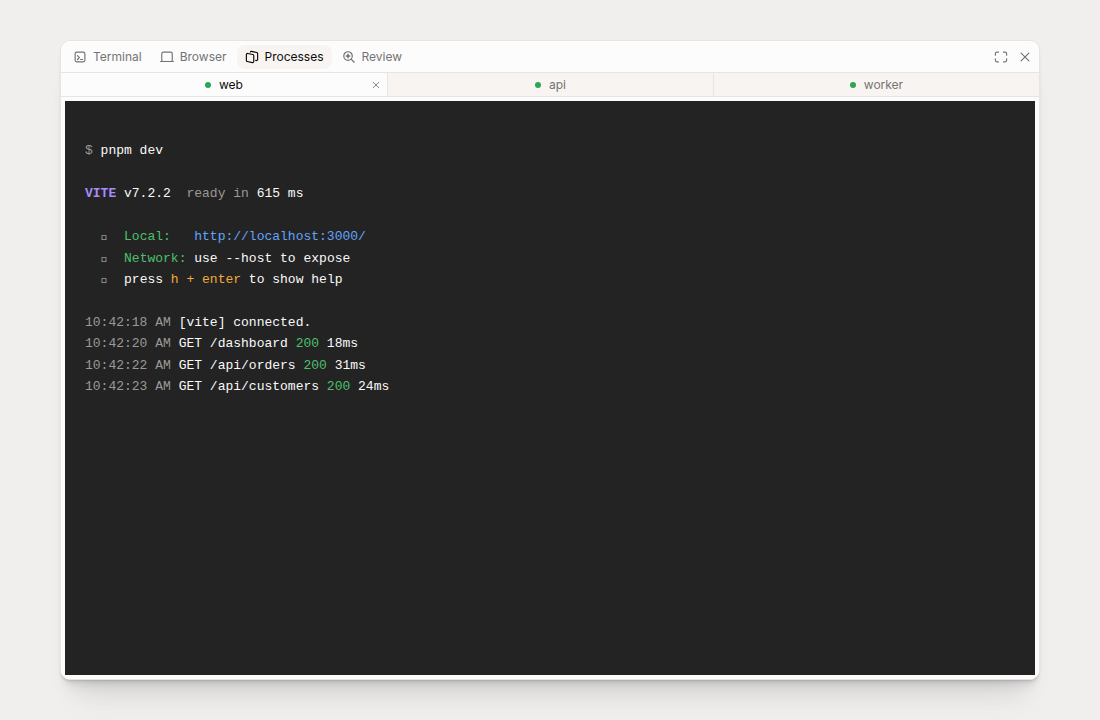 The Processes tab showing live output from services started by the session’s environment