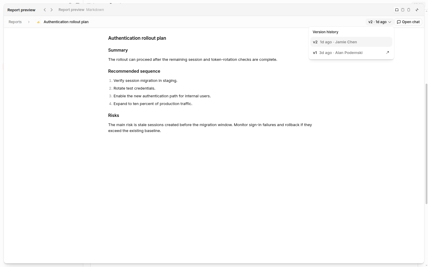 A report with its version history open, showing two publications and their authors