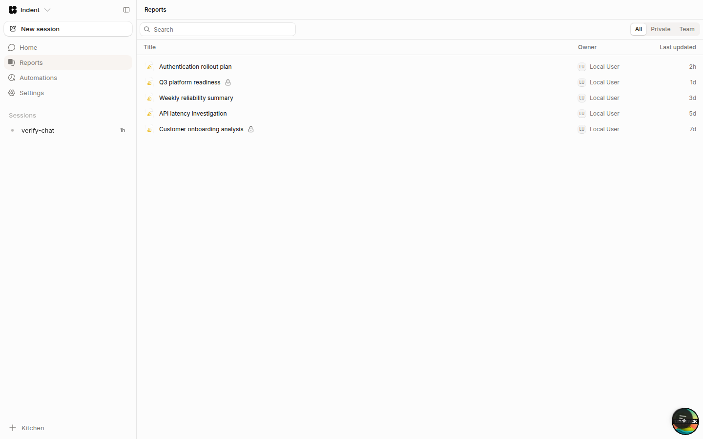 The Reports browser with search, visibility tabs, and recently published reports