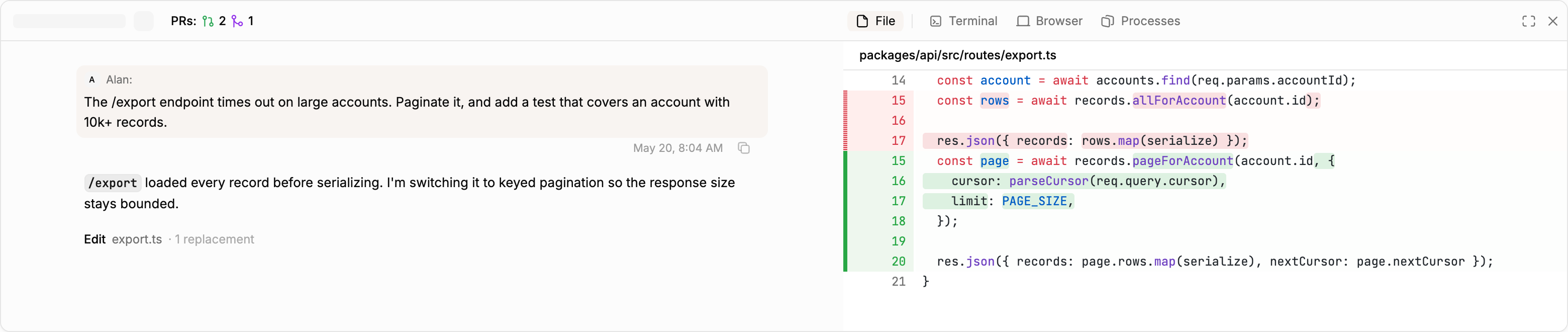 A session with the transcript on the left and an edit’s diff open in the side panel