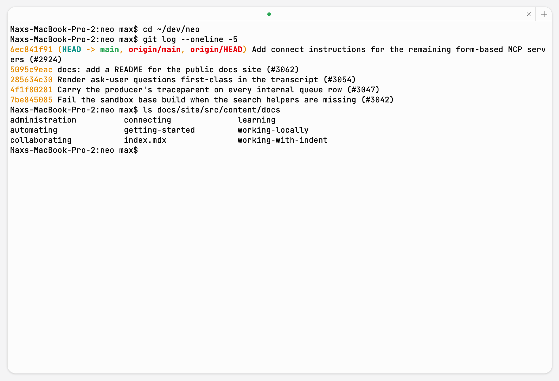 The Terminal tab in the session tool panel, running git log in the session’s working directory